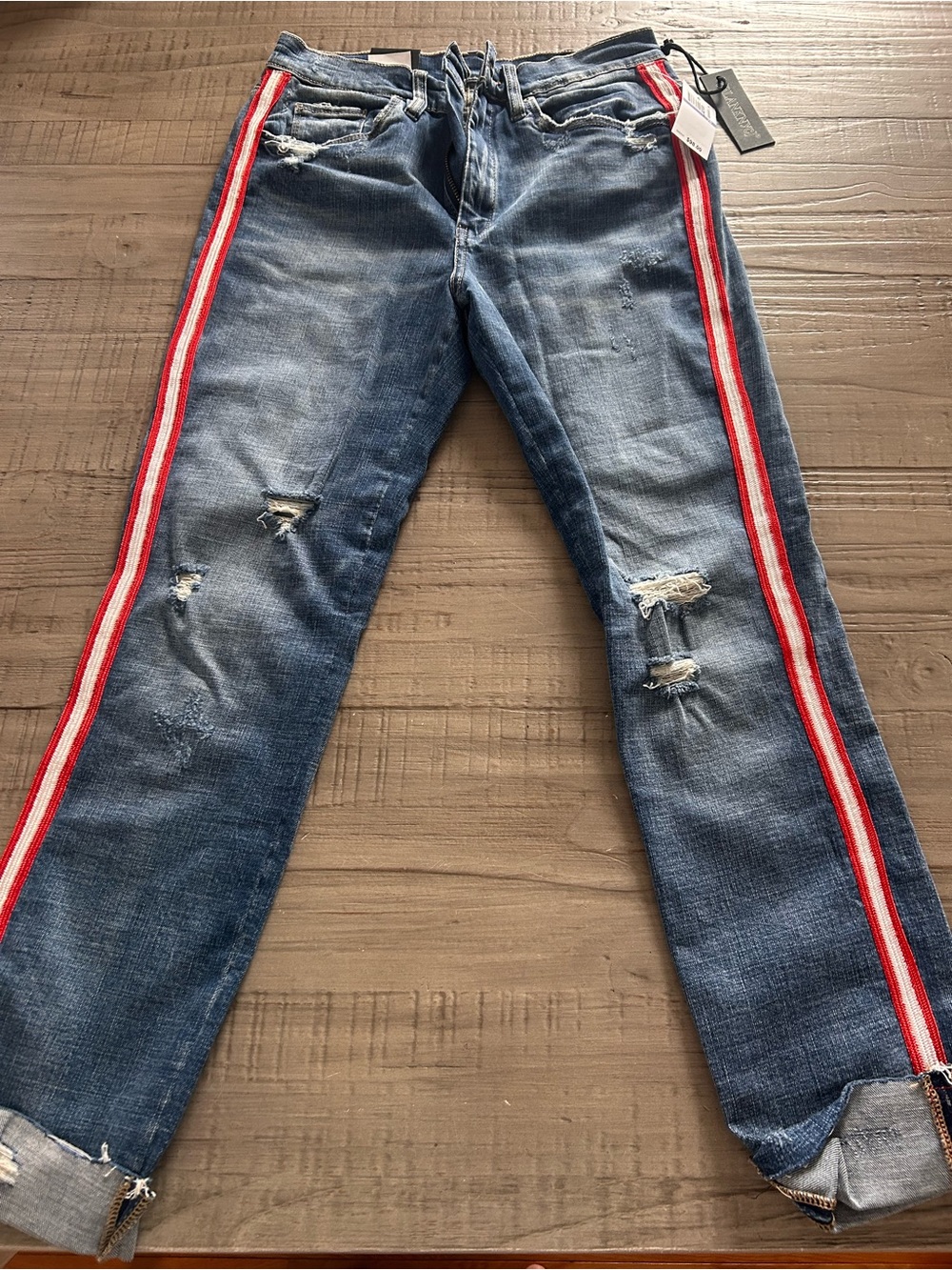 Blank NYC Distressed Blue Jeans with Red & White Side Stripes